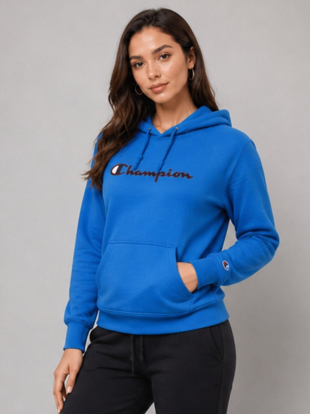 Champion Women's Hoodie Blue Script Logo Pullover Sweatshirt Size M Long Sleeve